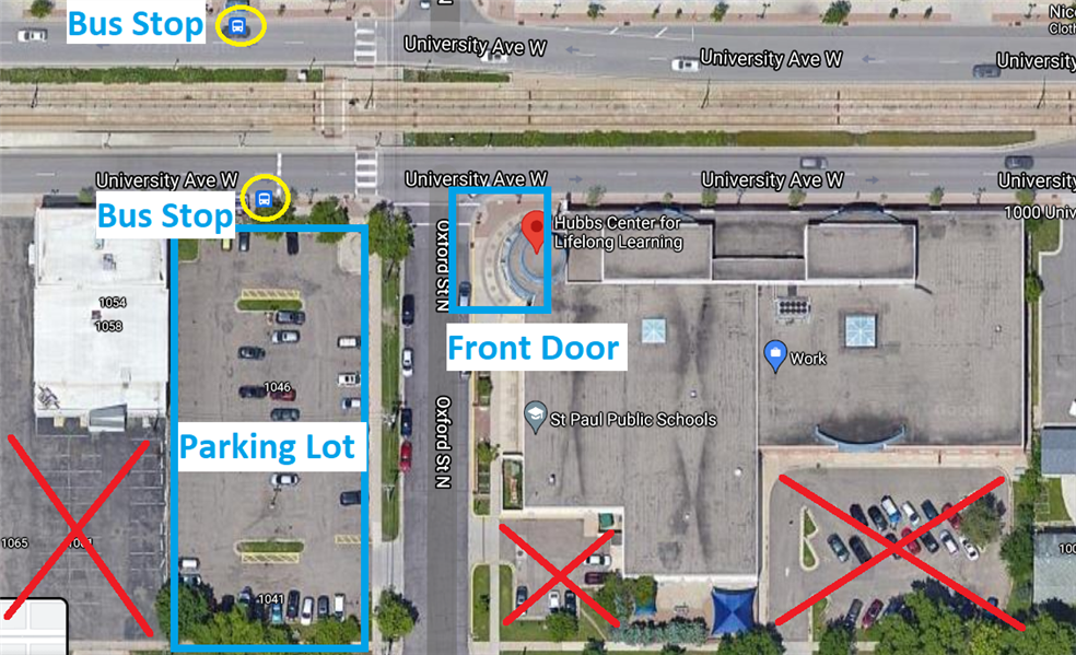 Arial view of Hubbs Center front door, parking lot, and bus stops